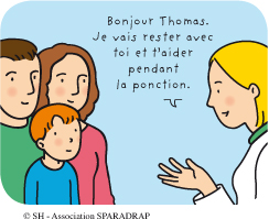 Le medecin dit au garçon : " Bonjour Thomas, je vais rester avec toi et t'aider pendant la ponction "