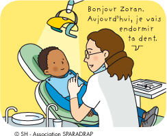 Le dentiste dit au garçon : "Bonjour Zoran. Aujourd'hui, je vais endormir ta dent"