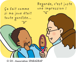 Le garçon dit " ça fait comme si ma joue était toute gonflée ". Le dentiste lui répond " regarde, c'est juste une impression ".