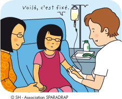 L'infirmière fixe la perfusion sur le cathéter
