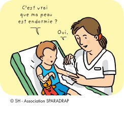 Le garçon s'installe sur une table d'examen. Il demande à l'infirmière : &quot; C'est vrai que ma peau est endormie ?&quot;. &quot;Oui&quot; répond l'infirmière.