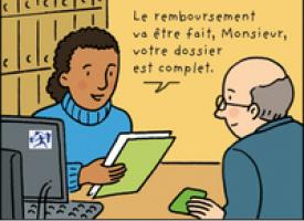 Une hôtesse d'accueil parle avec un monsieur au guichet de la sécurité sociale : " Le remboursement va être fait, Monsieur, votre dossier est complet".